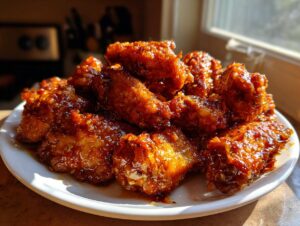 A pile of crispy, glazed chicken wing pieces coated in a sticky, sweet sauce, served on a white plate.
