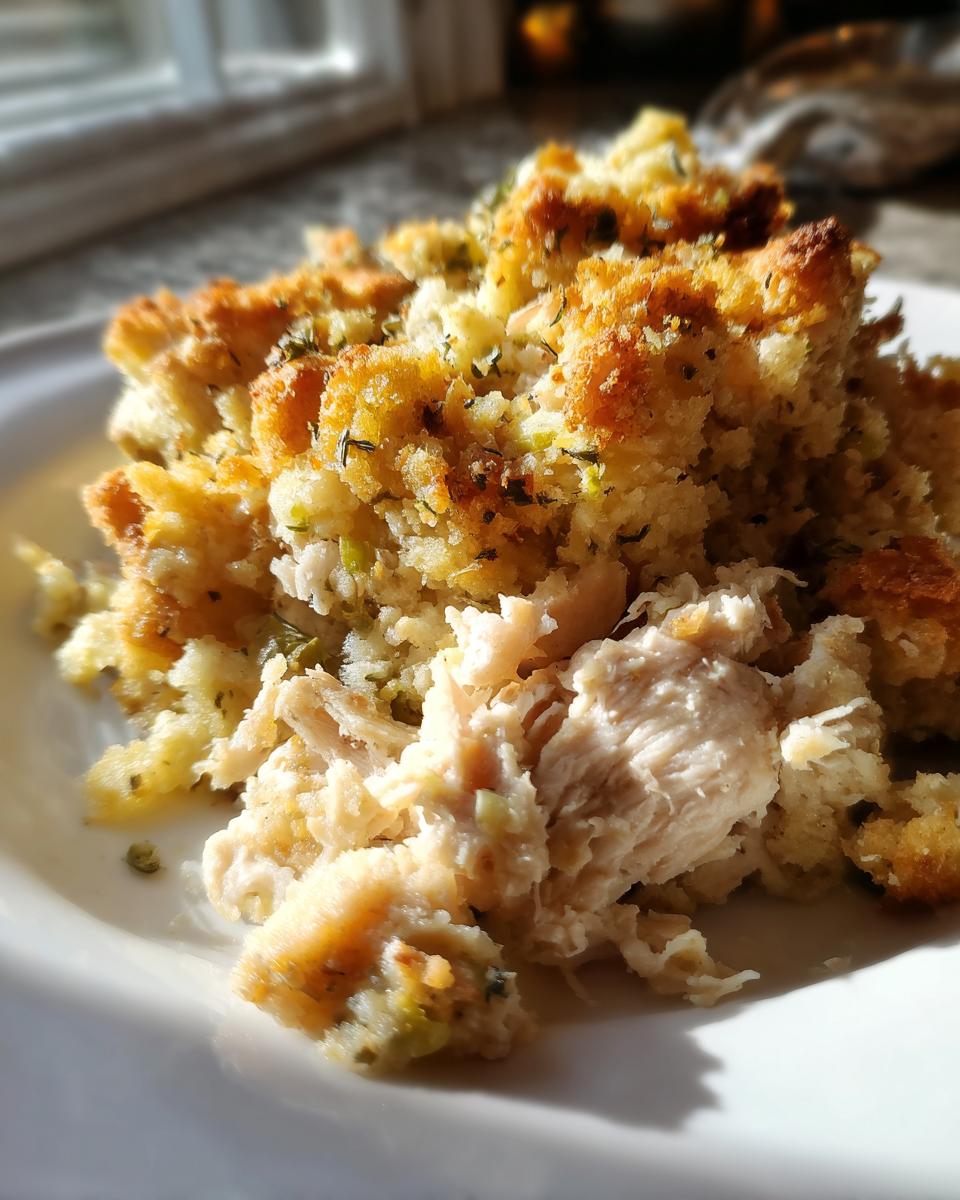 Close-up of a serving of moist shredded chicken mixed with golden, herbed stuffing from a crock pot chicken and stuffing recipe.