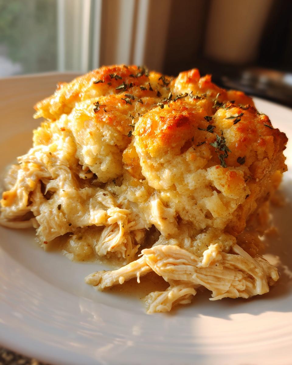 A scoop of creamy crock pot chicken and stuffing topped with golden biscuits and herbs.
