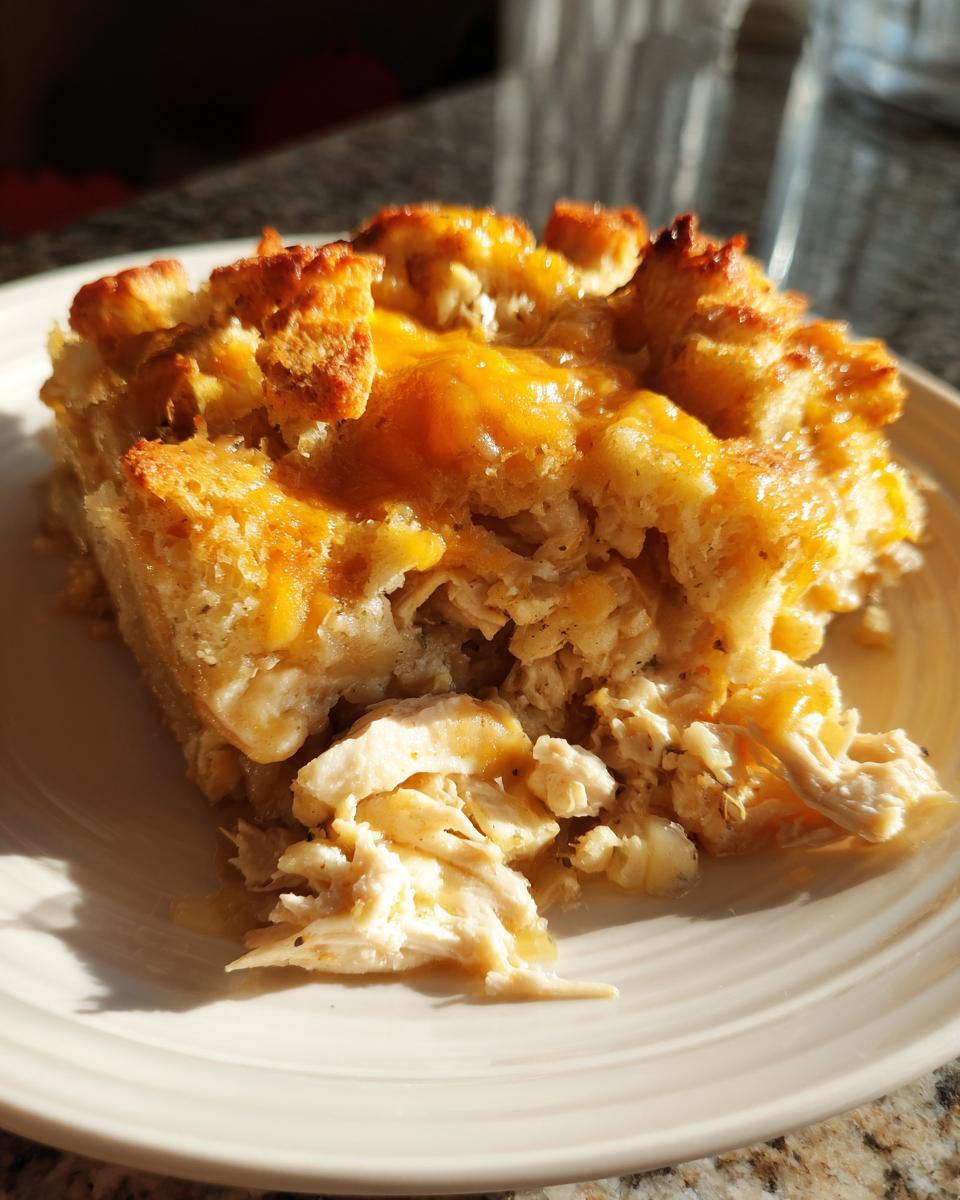 Close-up of a serving of cheesy crock pot chicken and stuffing casserole on a white plate.