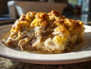 A close-up serving of moist crock pot chicken and stuffing casserole with a golden, crispy top, resting on a white plate.