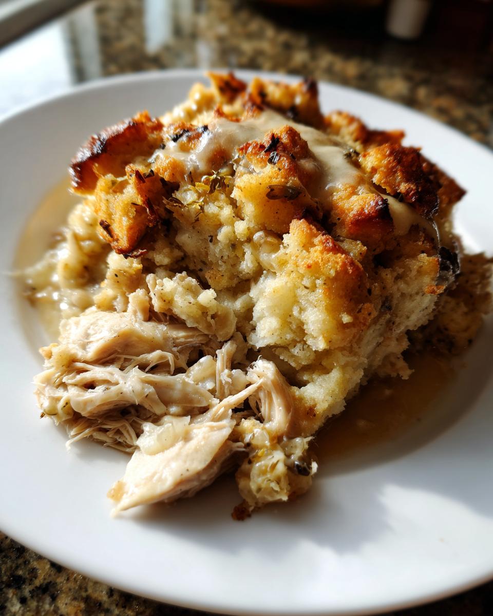 A close-up of a serving of moist crock pot chicken and stuffing topped with gravy on a white plate.