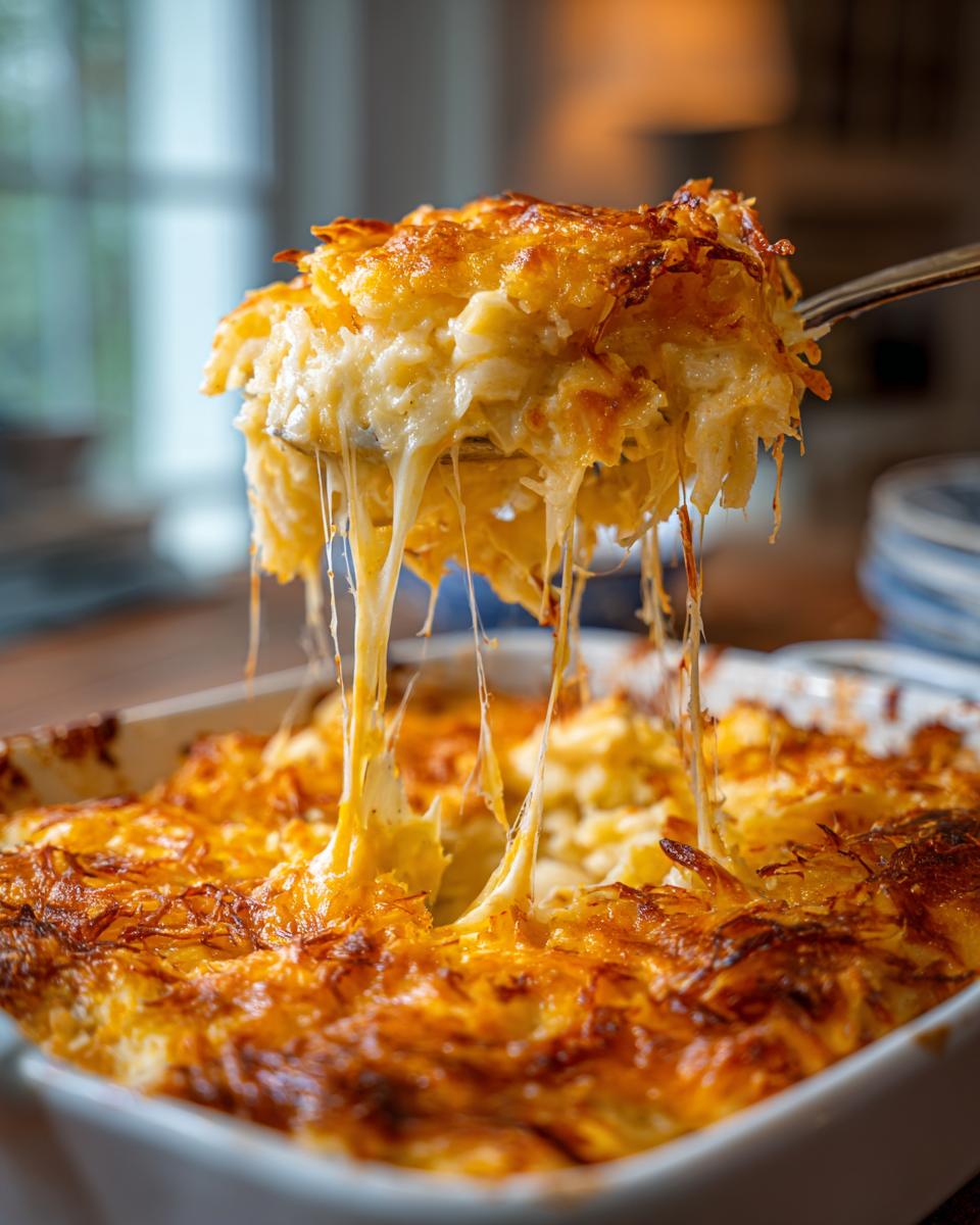 A spoonful of crockpot cheesy potatoes is lifted, showing long, dramatic cheese pulls over the golden-brown casserole.