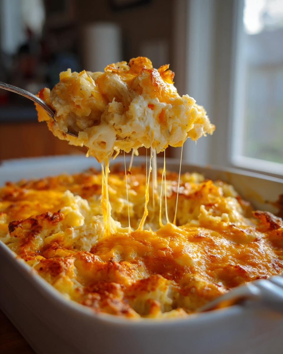 A spoonful of creamy crockpot cheesy potatoes being lifted, showing long, melted cheese strings.