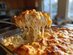 A spoonful of creamy crockpot cheesy potatoes showing long, melted cheese pulls over the baked casserole dish.