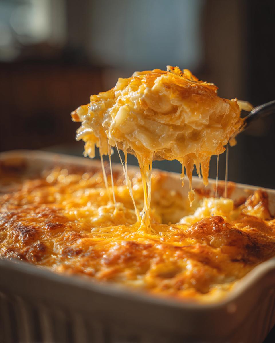A spoonful of creamy crockpot cheesy potatoes being lifted, showing long, delicious cheese pulls.