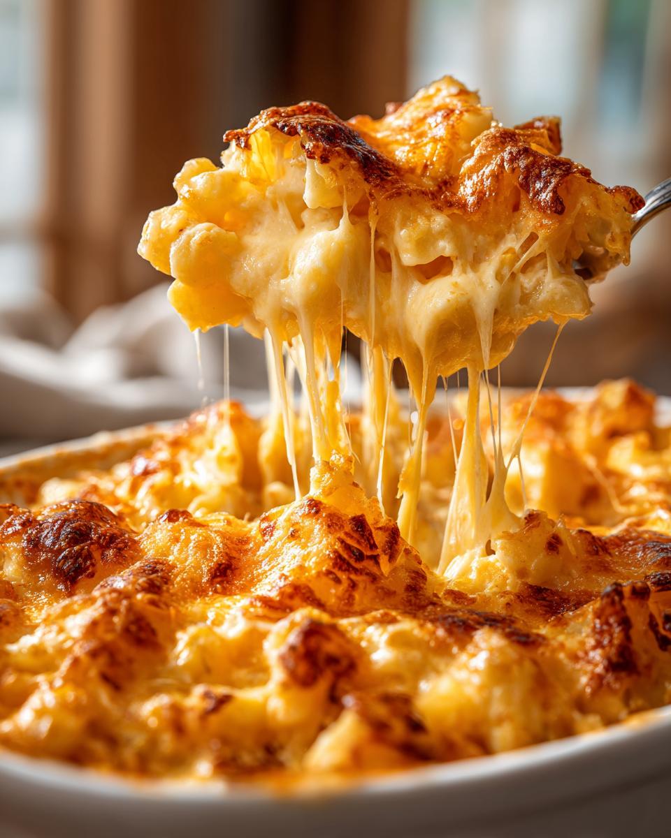 A spoonful of creamy crockpot cheesy potatoes being lifted, showing long, dramatic cheese pulls.
