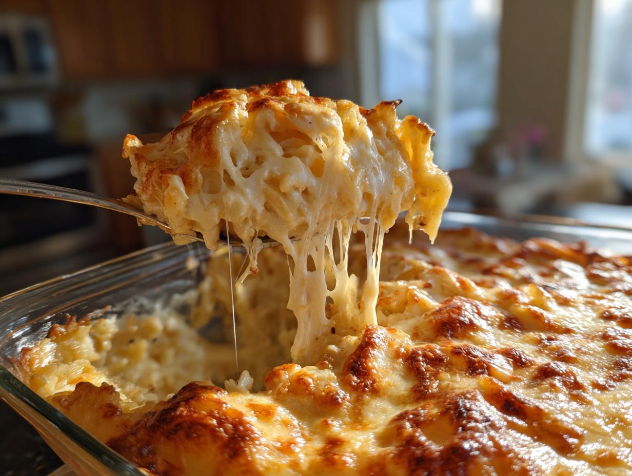 A spoonful of creamy crockpot cheesy potatoes showing long, melted cheese pulls over the baked casserole dish.
