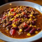 Close-up of a hearty bowl of crockpot cowboy soup featuring ground beef, kidney beans, corn, and tomatoes.