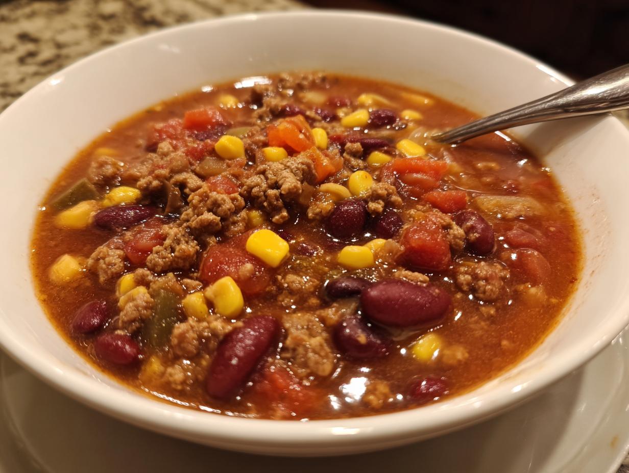 Close-up of a white bowl filled with rich crockpot cowboy soup featuring ground beef, kidney beans, and corn.