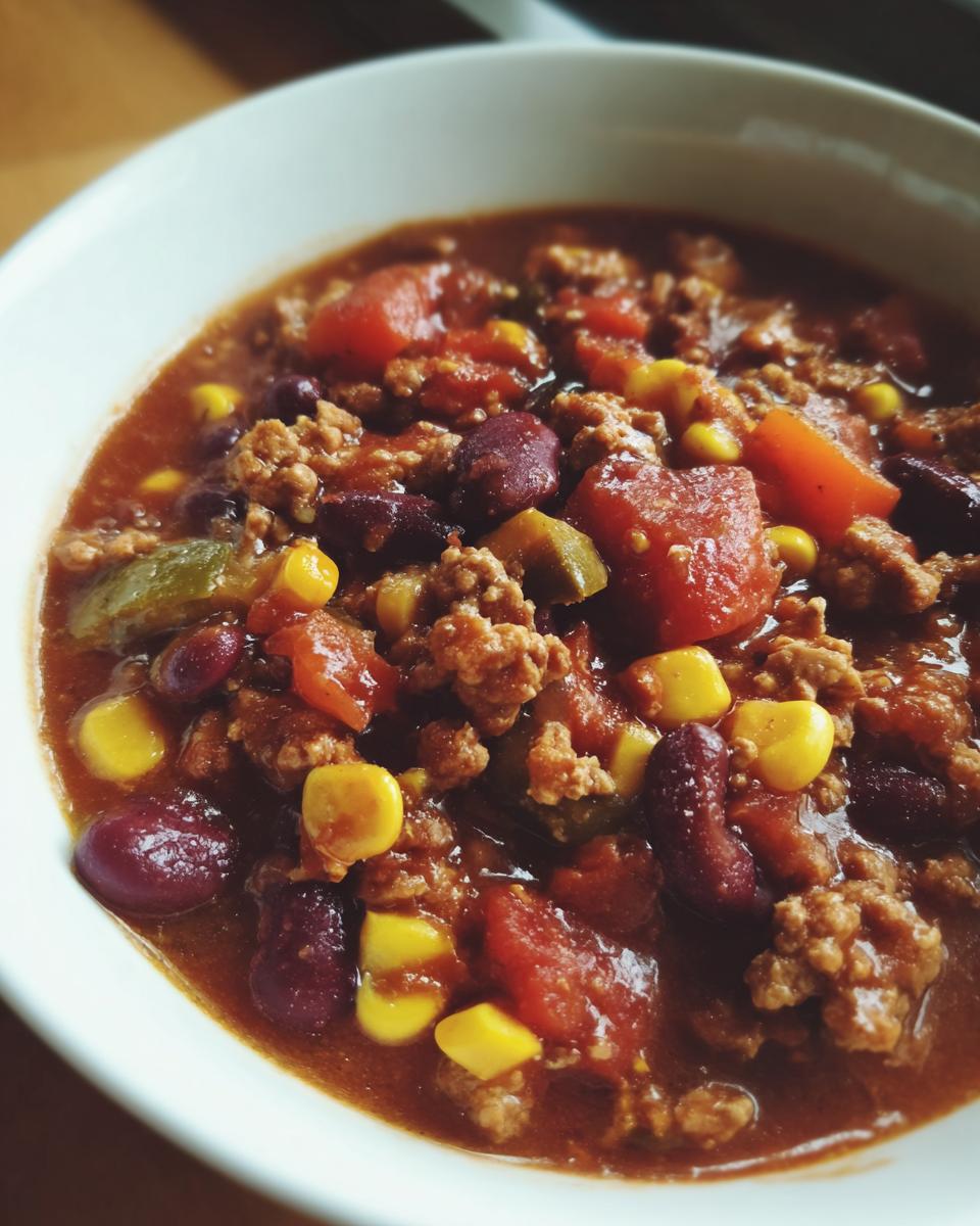 Close-up of a hearty bowl of crockpot cowboy soup featuring ground meat, kidney beans, corn, and tomatoes.