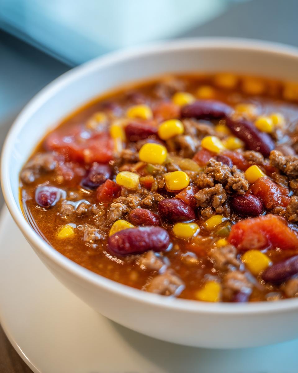 Close-up of a bowl of rich crockpot cowboy soup filled with ground meat, kidney beans, and corn.