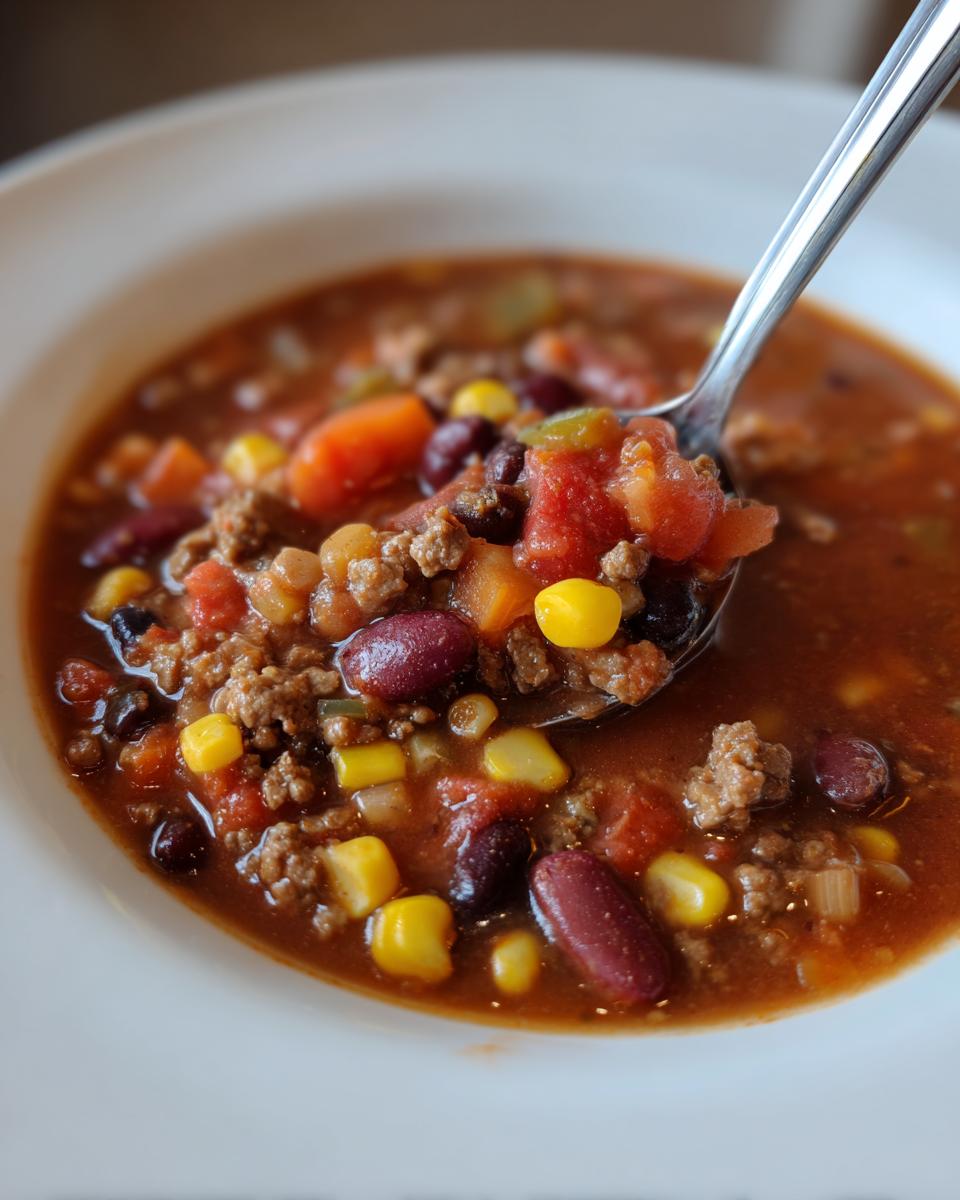 A spoonful of rich crockpot cowboy soup filled with ground beef, kidney beans, corn, and tomatoes being lifted from a white bowl.