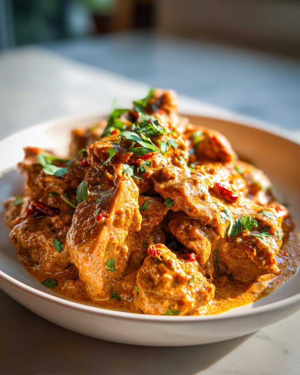 Close-up of tender chicken pieces coated in a rich, creamy orange sauce, garnished with fresh parsley, representing Crockpot Marry Me Chicken.