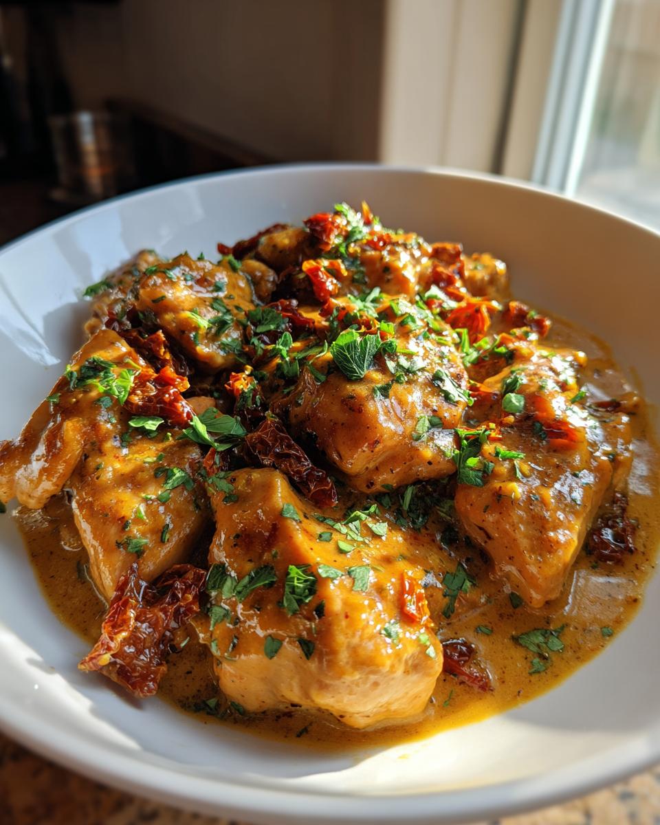Close-up of tender chicken pieces in a creamy sauce with sun-dried tomatoes and parsley, representing crockpot marry me chicken.