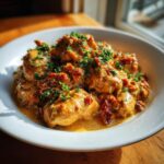 Close-up of tender chicken pieces coated in a creamy sauce with sun-dried tomatoes, garnished with fresh parsley, representing crockpot marry me chicken.