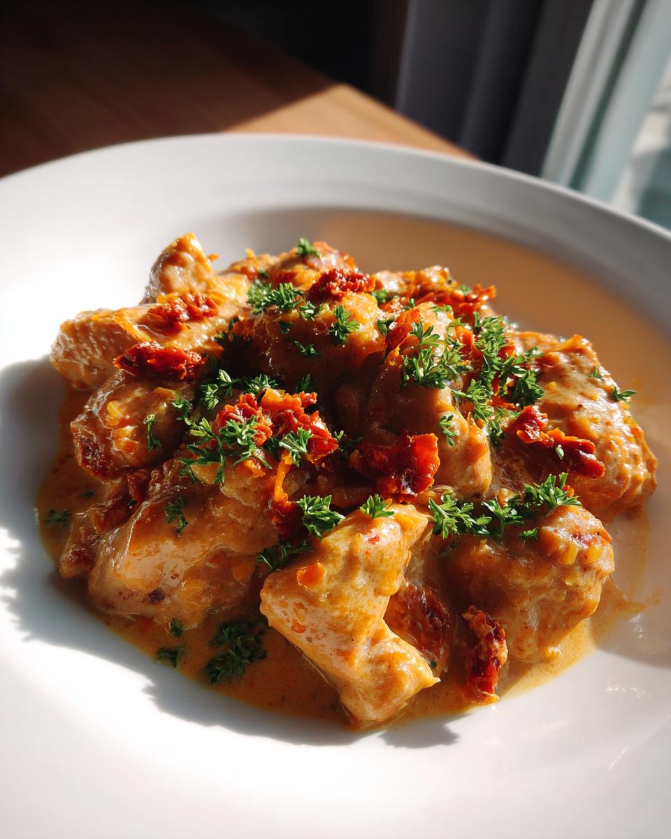 Close-up of tender chicken pieces coated in a creamy sauce, topped with sun-dried tomatoes and fresh parsley, a perfect Crockpot Marry Me Chicken.