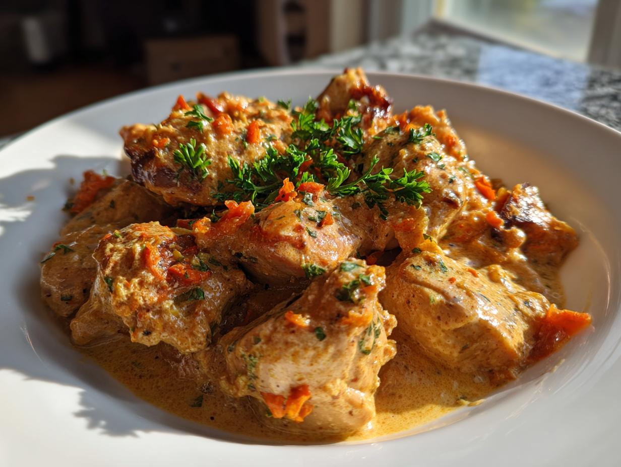 Close-up of tender pieces of crockpot marry me chicken covered in a rich, creamy sauce and garnished with parsley.