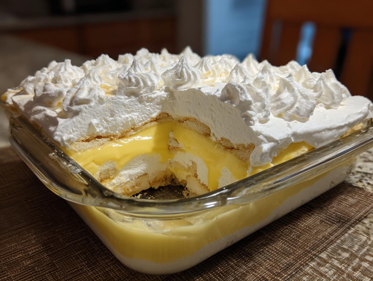 A serving dish showing a cross-section of creamy banana pudding layered with vanilla wafers and topped with piped meringue.