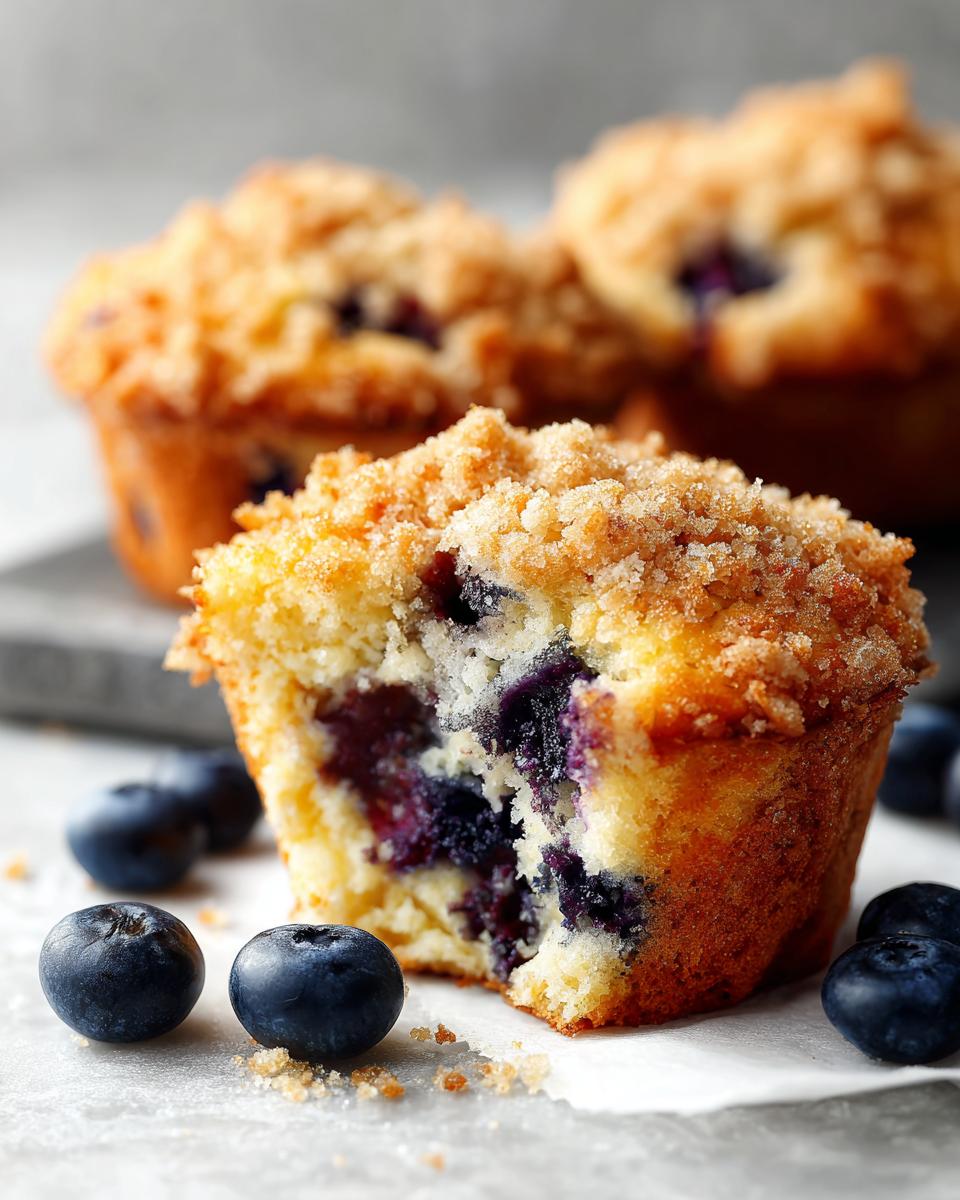 A close-up of a delicious blueberry muffin cut in half, showing the moist interior packed with blueberries and a sugary crumb topping. Fresh blueberries surround it.