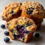 A close-up of a delicious blueberry muffin with a bite taken out, revealing juicy berries, next to whole blueberry muffins.