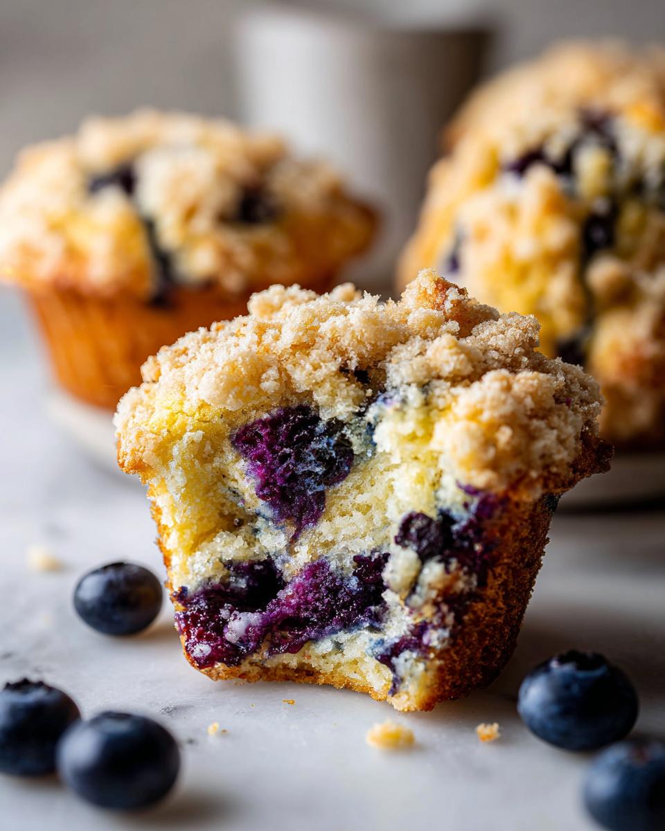 A close-up shot of a blueberry muffin cut in half showing the moist interior packed with blueberries and a crumb topping. Fresh blueberry muffins.