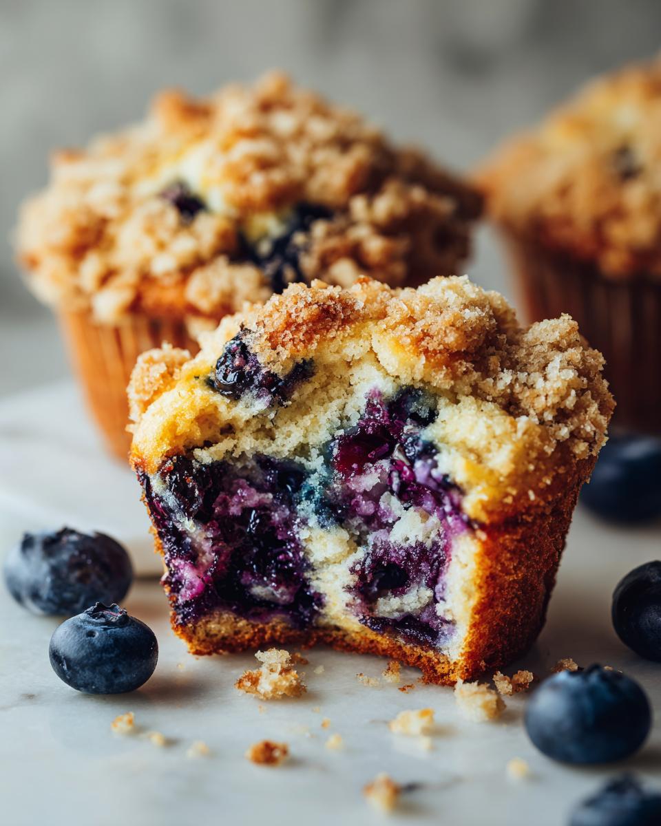 Close-up of a blueberry muffin cut in half showing moist interior packed with blueberries and a crumb topping. Perfect for amazing blueberry muffins.