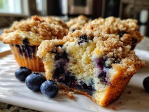 A close-up view of a crumb-topped blueberry muffin cut in half, showing the moist interior packed with blueberries.