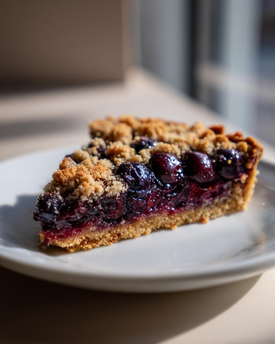 A close-up of a slice of rich, dark berry crumble cake, similar to plum cake, resting on a white plate.
