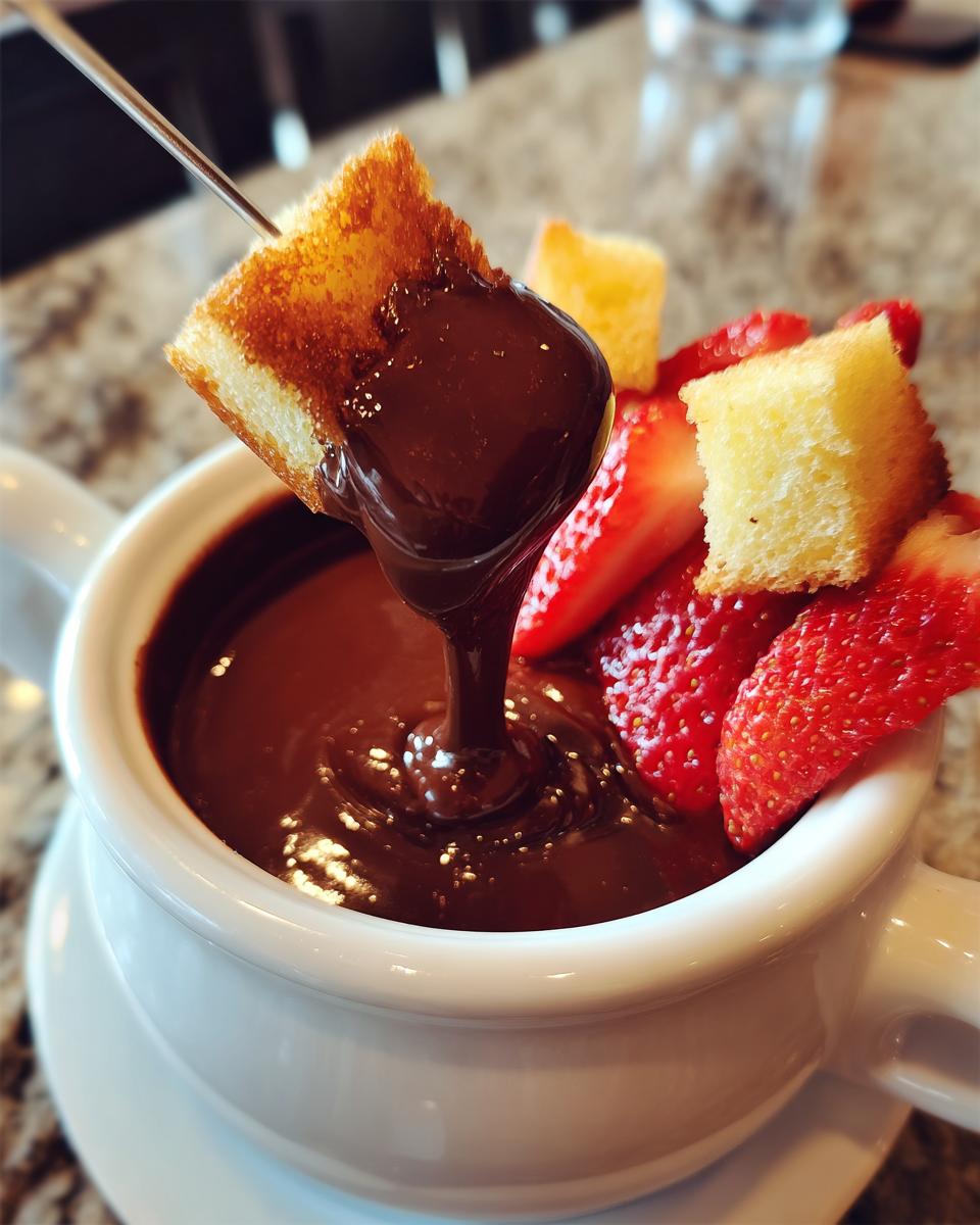 A piece of cake being dipped into rich, melted chocolate fondue using a fondue fork, surrounded by strawberries.
