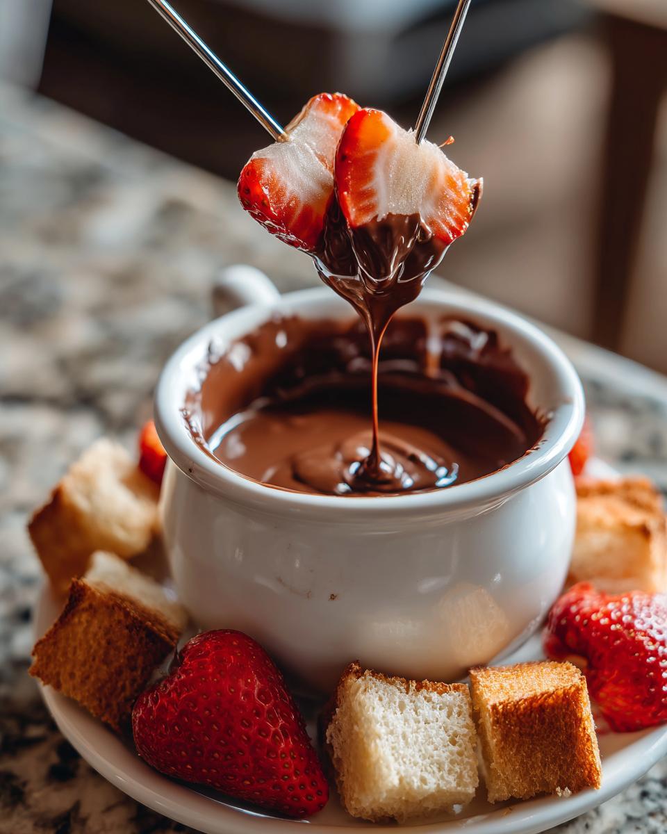 Two strawberry halves being dipped into melted chocolate fondue, dripping chocolate back into the pot.