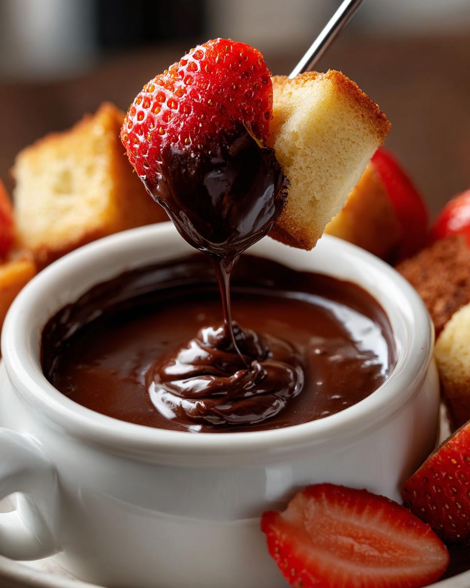 A strawberry and pound cake cube being dipped into rich, melted chocolate fondue in a white bowl.