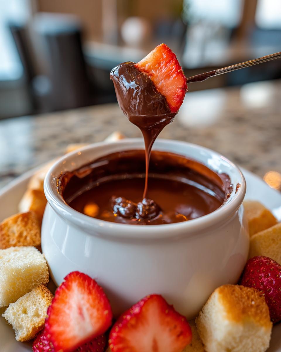 A strawberry half, generously coated in rich, melted chocolate, being lifted from a bowl of chocolate fondue.