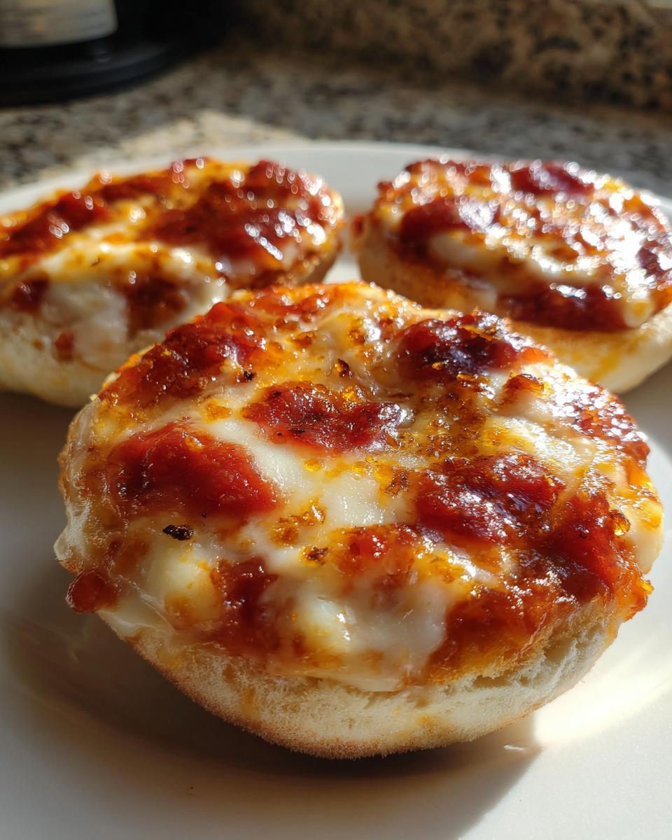 Three freshly baked english muffin pizza halves topped with melted cheese and tomato sauce, sitting on a white plate.