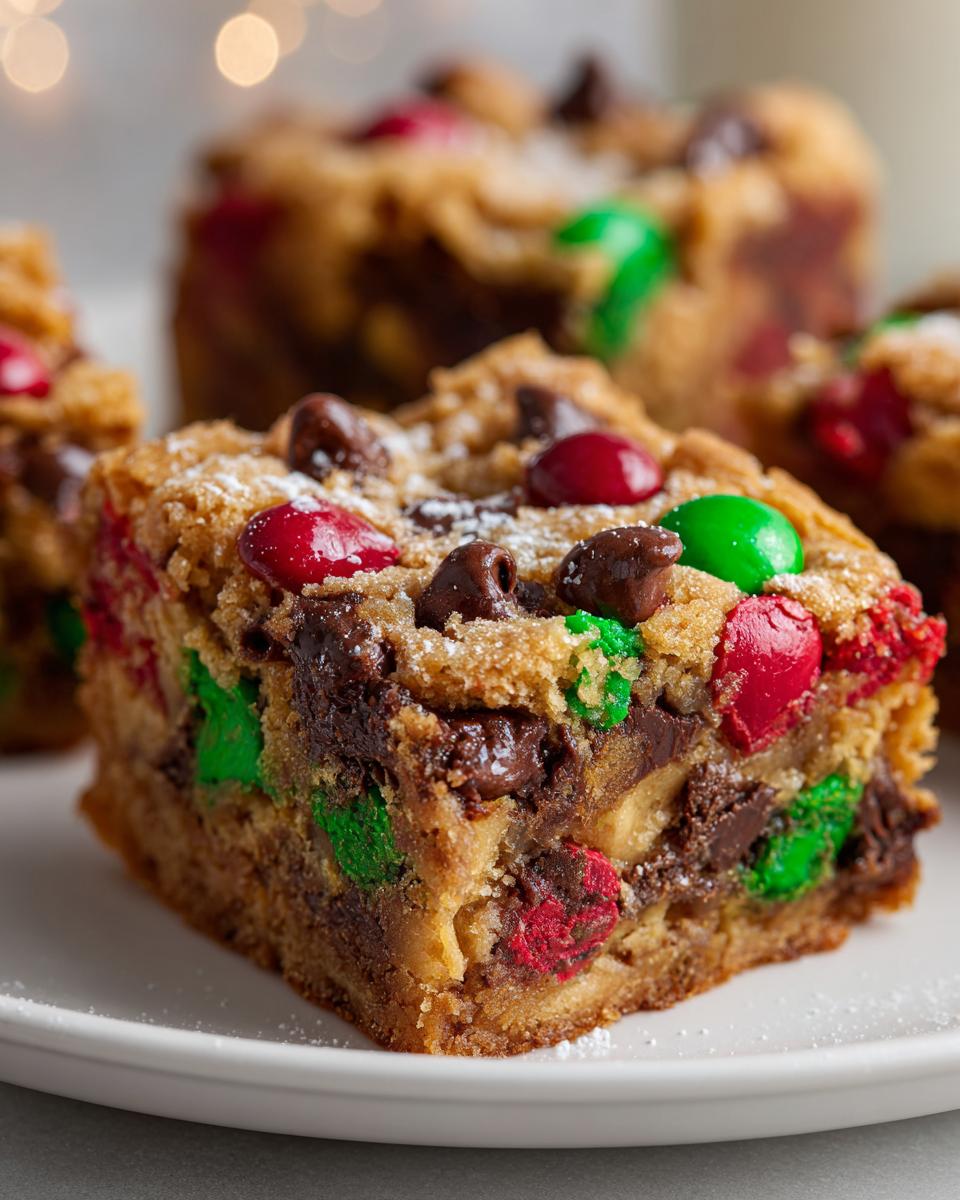 A thick, chewy square of christmas cookie bars loaded with chocolate chips and red and green candies, dusted with powdered sugar.