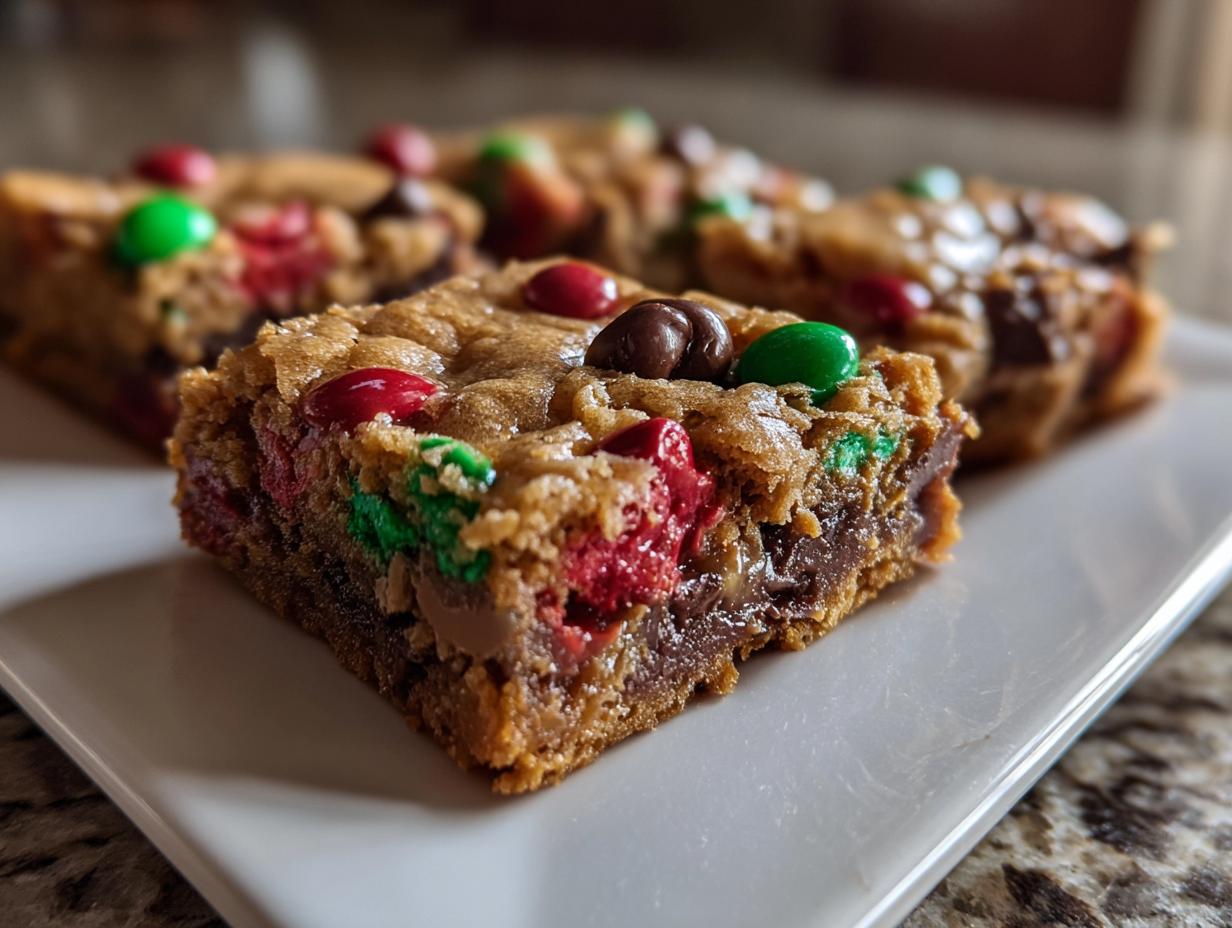 A close-up view of a gooey, chewy square of christmas cookie bars topped with red and green M&Ms.