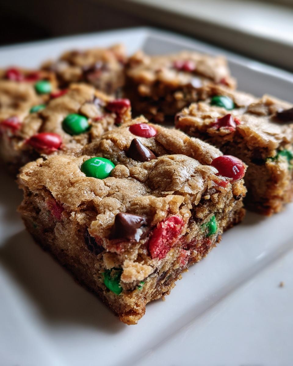 Close-up of chewy christmas cookie bars topped with red and green M&Ms and chocolate chips on a white plate.