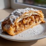 Close-up of a golden, flaky slice of apple strudel generously dusted with powdered sugar, showing the spiced apple filling.