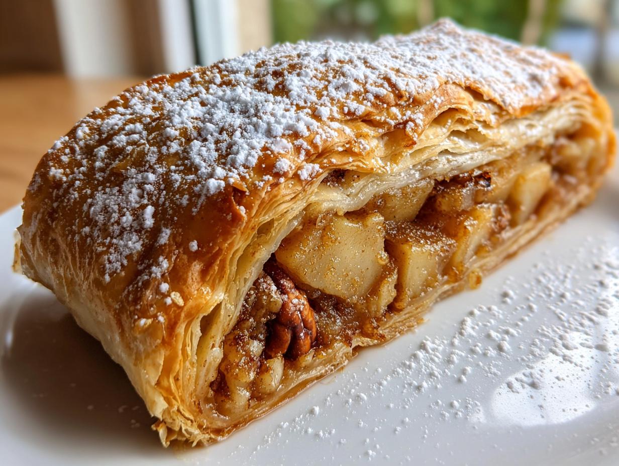 Close-up of a flaky slice of apple strudel filled with spiced apples and nuts, dusted heavily with powdered sugar.