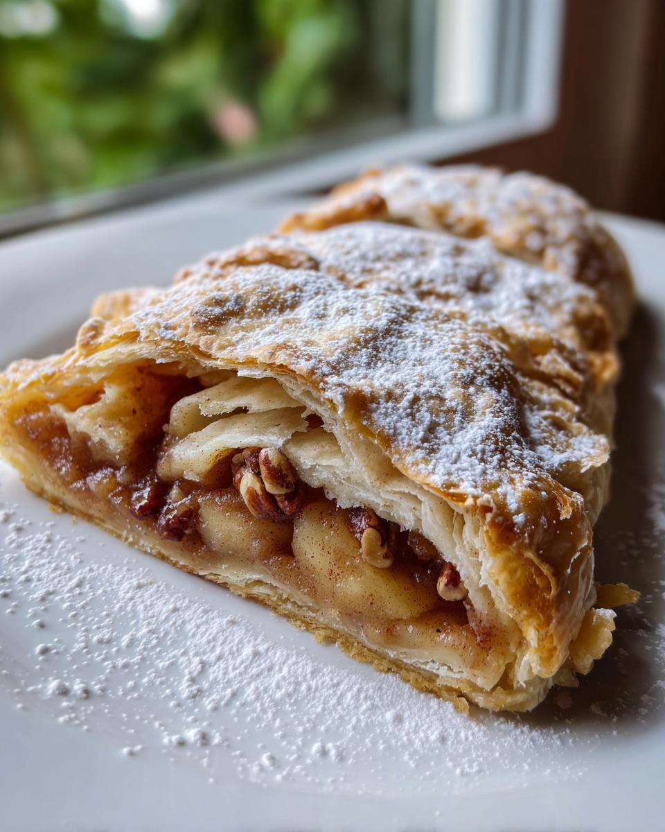 A close-up of a flaky slice of apple strudel filled with spiced apples and pecans, dusted with powdered sugar.