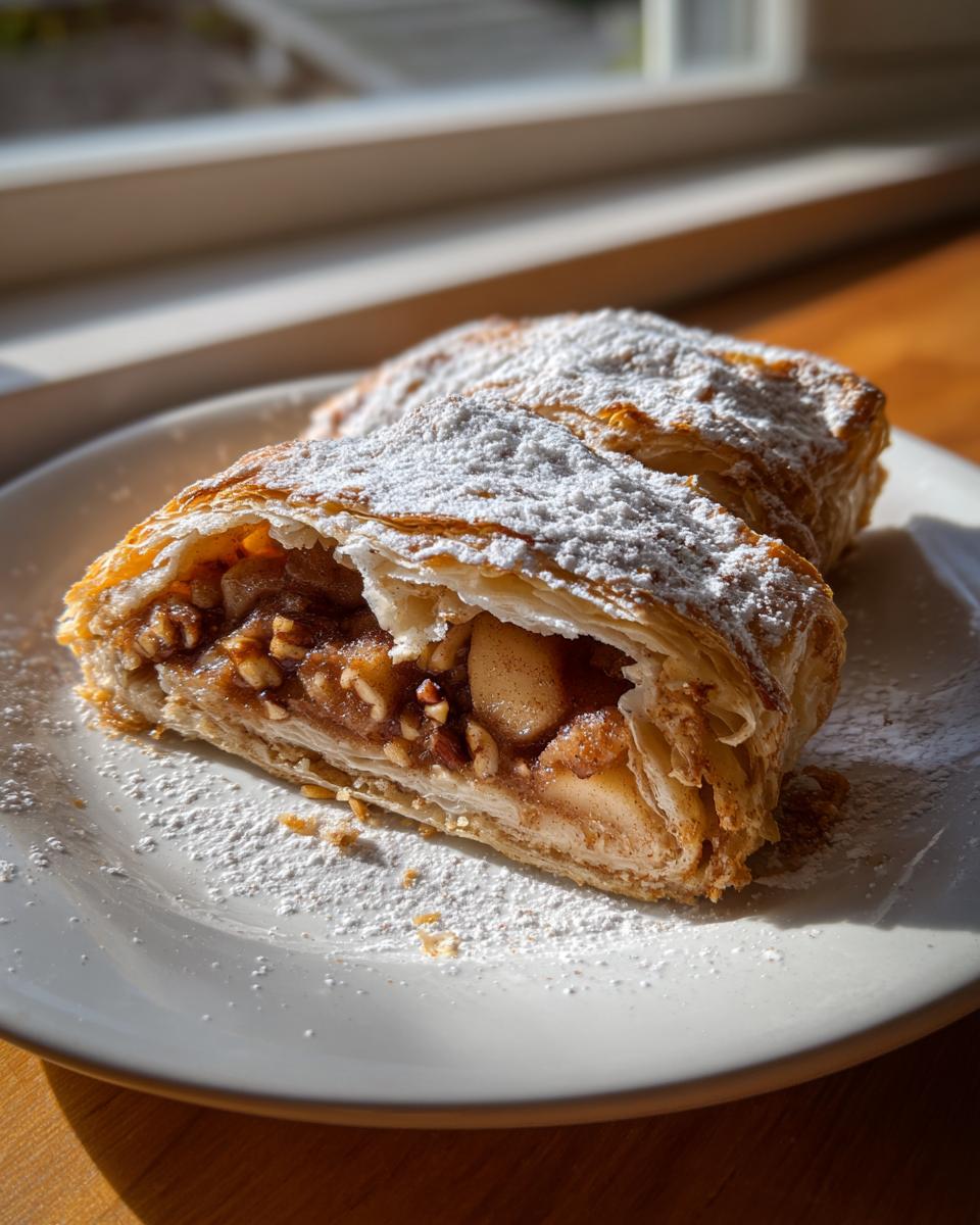 Two slices of golden, flaky apple strudel dusted heavily with powdered sugar, showing the cinnamon apple and nut filling.
