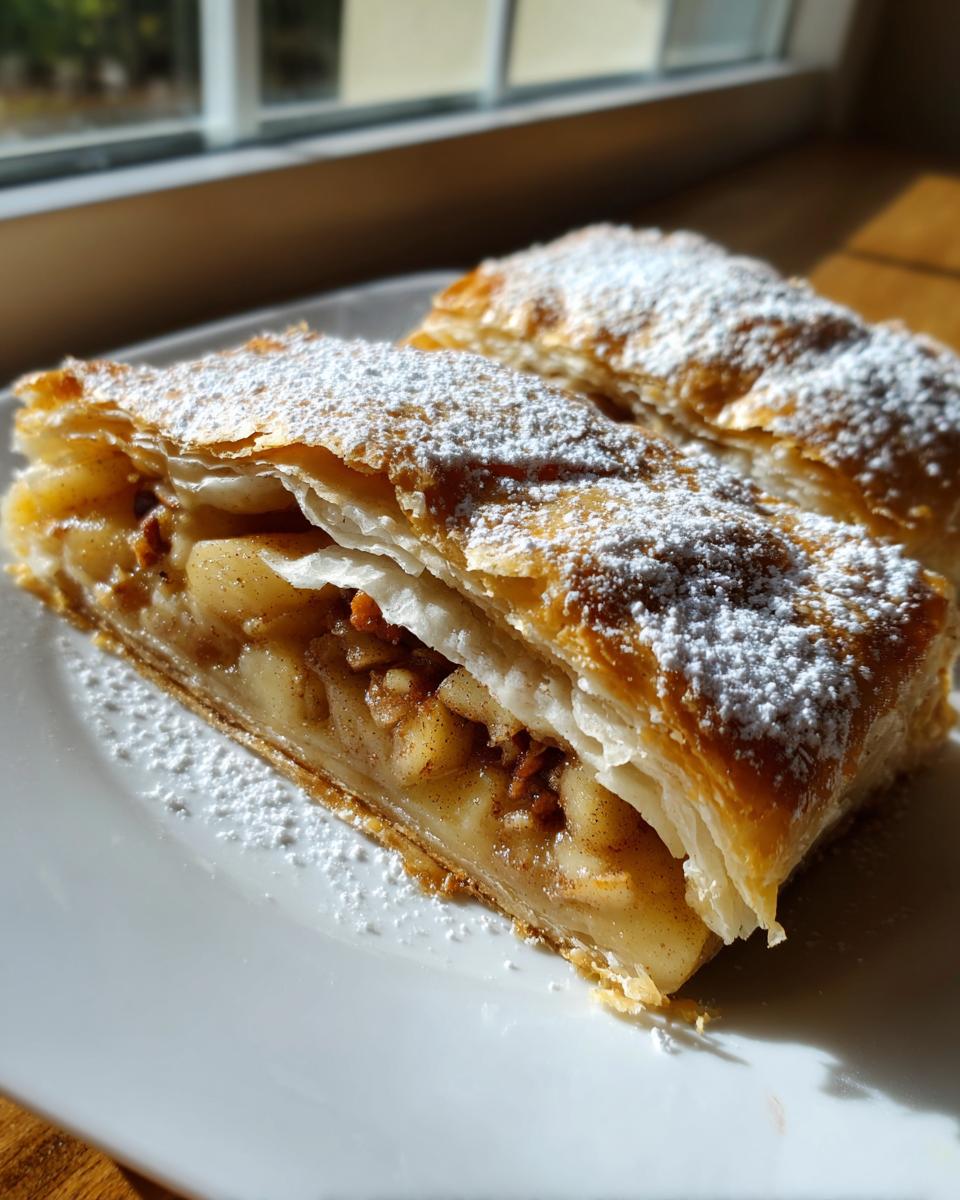 Two slices of flaky apple strudel filled with spiced apples and nuts, generously dusted with powdered sugar.