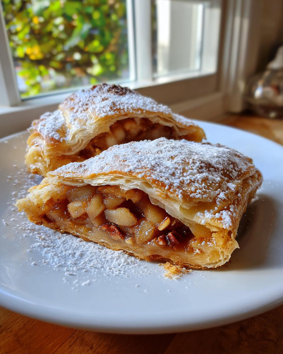Two slices of flaky apple strudel filled with spiced apples and pecans, dusted generously with powdered sugar.