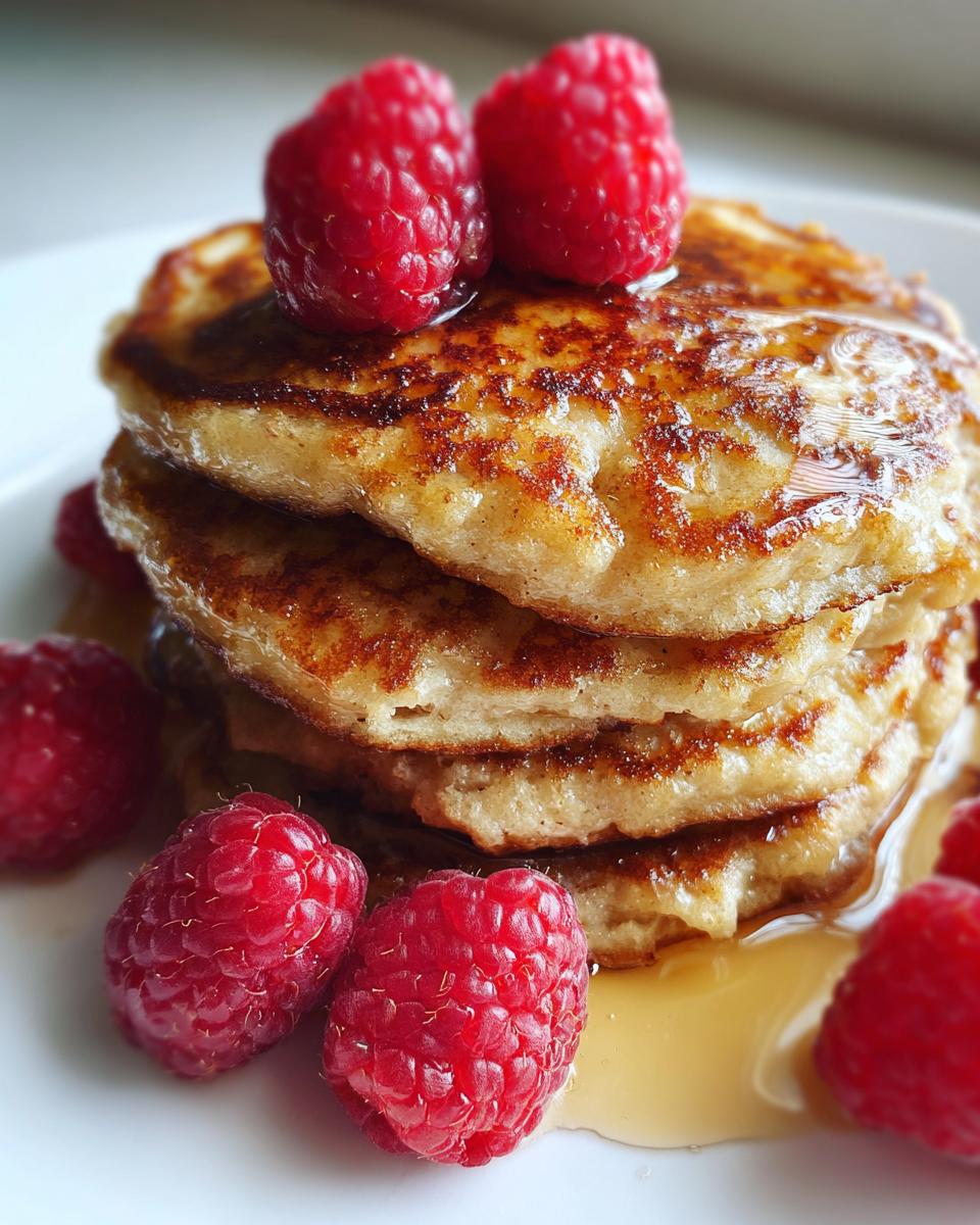A close-up of a fluffy stack of golden brown almond flour pancakes drizzled with syrup and topped with fresh raspberries.