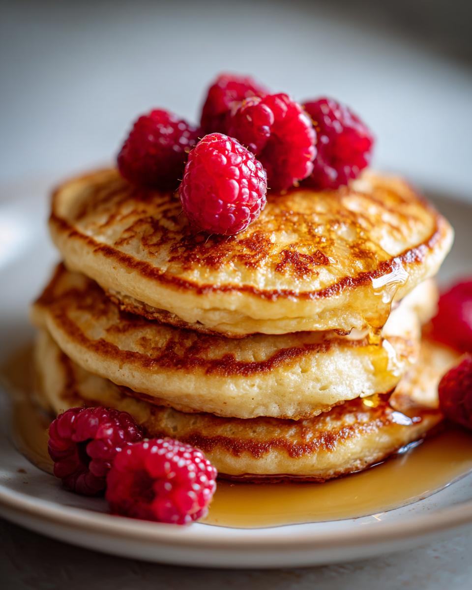 A close-up of a fluffy stack of almond flour pancakes drizzled with syrup and topped with fresh raspberries.