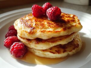 A stack of three fluffy almond flour pancakes drizzled with syrup and topped with fresh raspberries.