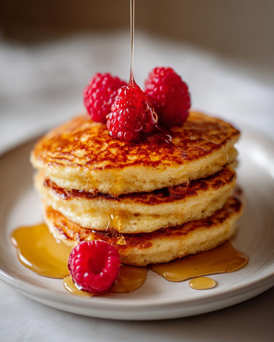 A stack of three fluffy almond flour pancakes being drizzled with syrup and topped with fresh raspberries.