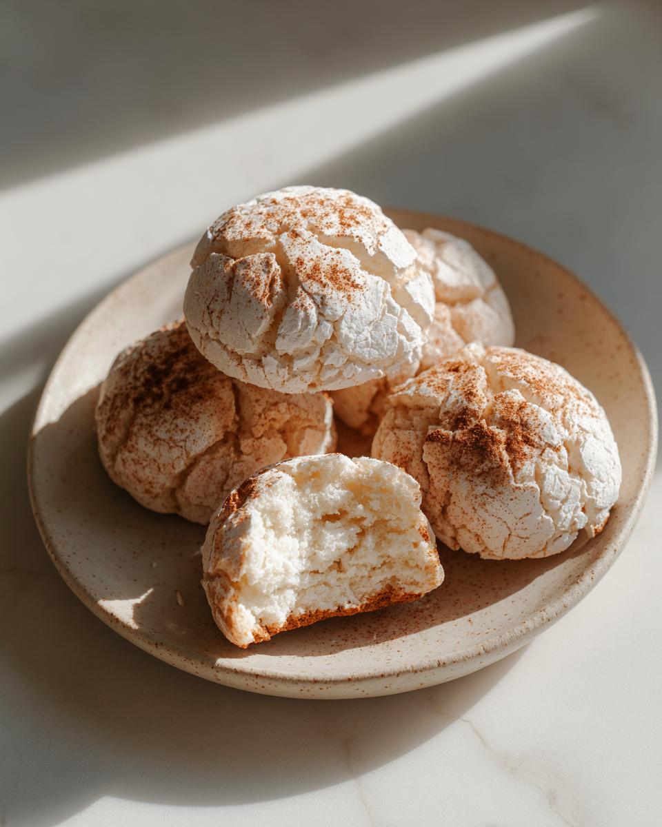 A stack of fluffy, cracked cool whip cookies dusted with cinnamon on a speckled plate.