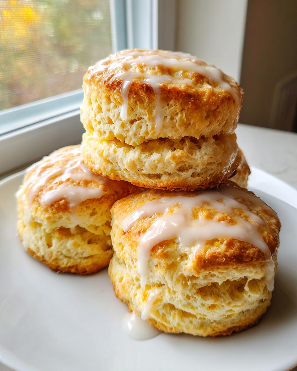 A stack of three fluffy, golden-brown scones topped with a thick white glaze, ready to eat.
