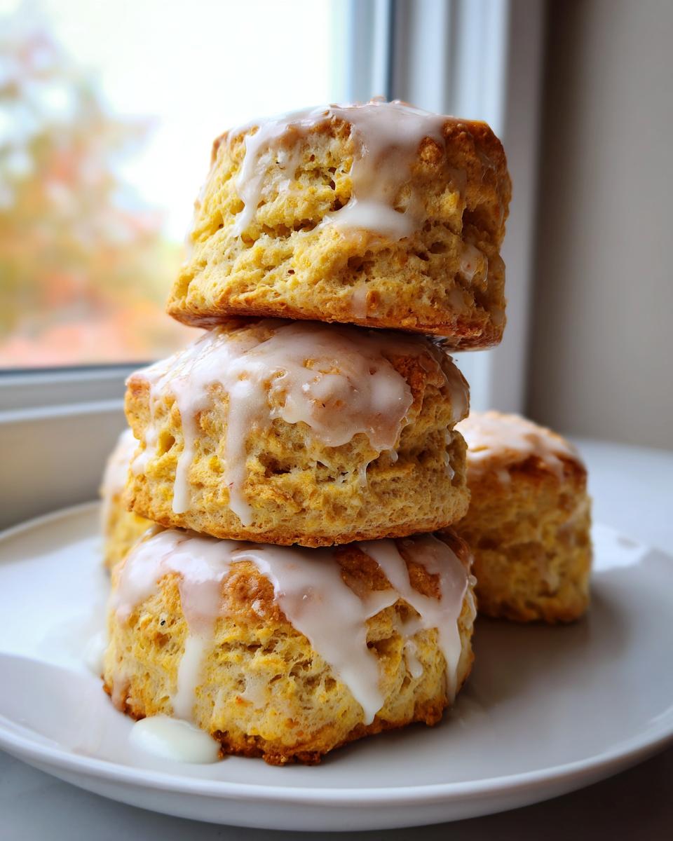A stack of three fluffy, golden scones drizzled with white glaze, sitting on a white plate near a window.